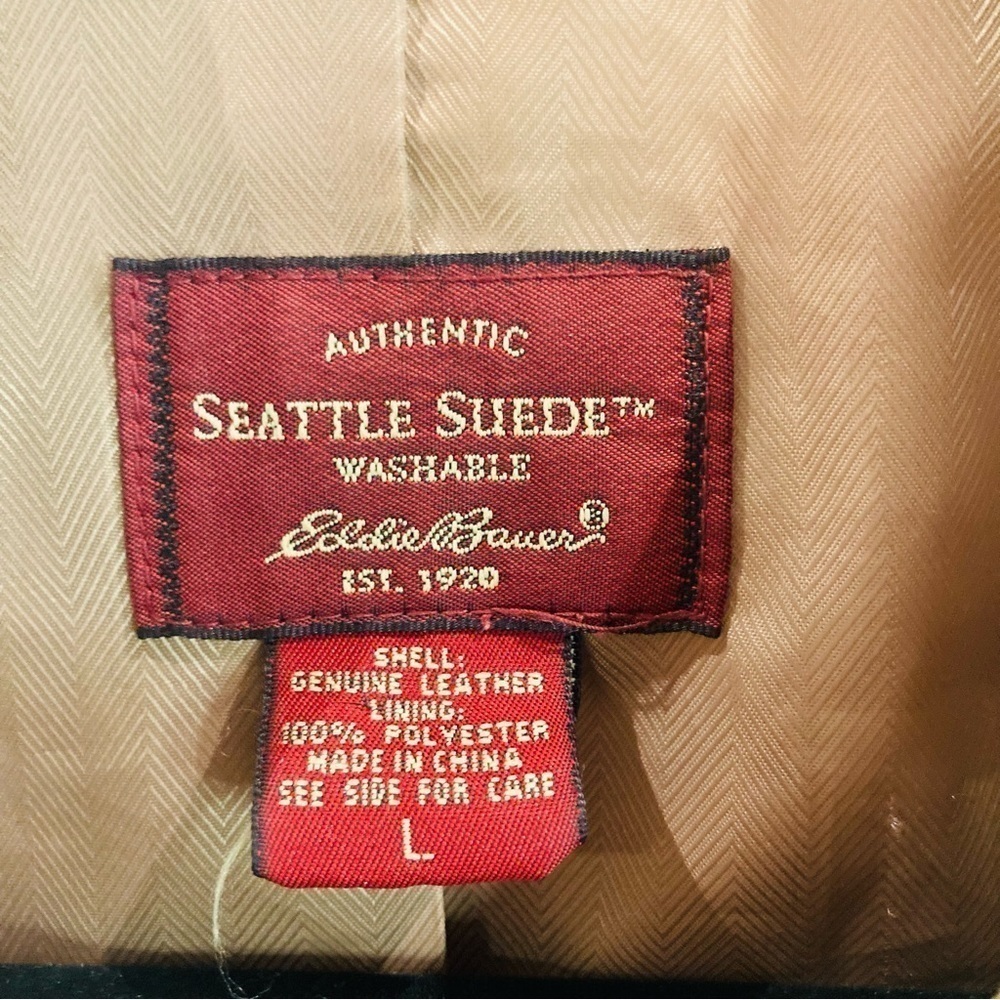 EDDIE BAUER SZ L Seattle Suede Vintage Tan Brown Trim Pockets Back Slits Jacket - Picture 7 of 16